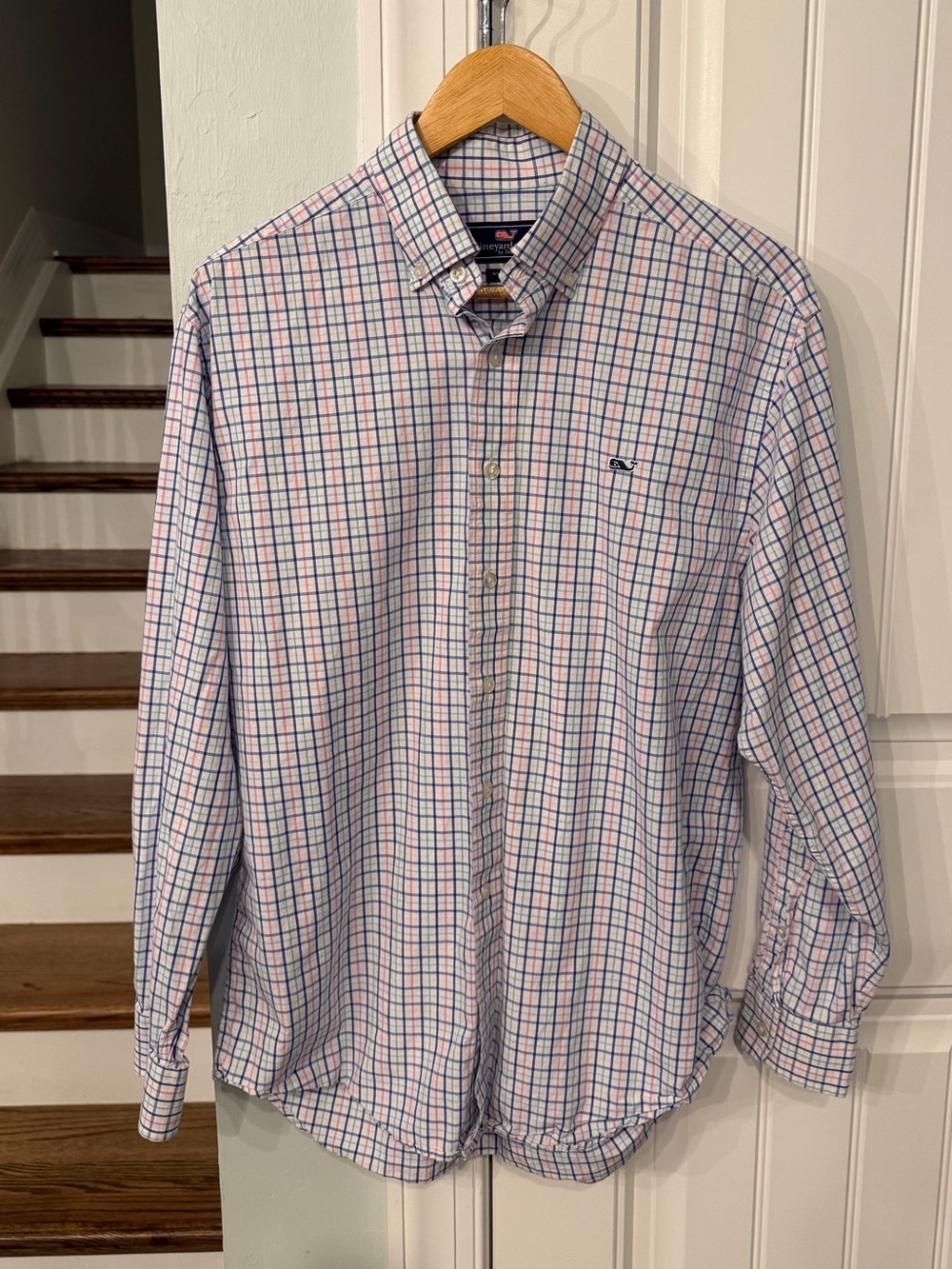 Men's Vineyard Vines Long Sleeve Button Down Plaid Shirt White Blue & Pink Med